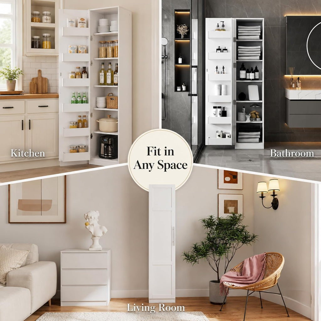 Narrow Kitchen Pantry Cabinet, 70.3" Tall Storage Cabinet with Door Racks and Adjustable Shelves, Slim Freestanding Pantry Cupboard for Kitchen, Bathroom and Small Spaces, White