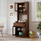 71 Inch Kitchen Hutch Storage Cabinet with Countertop, Farmhouse Coffee Hutch Cabinet Bar with Storage, Buffet Hutches and Cabinets with Microwave Stand | Glass Door for Dining Room