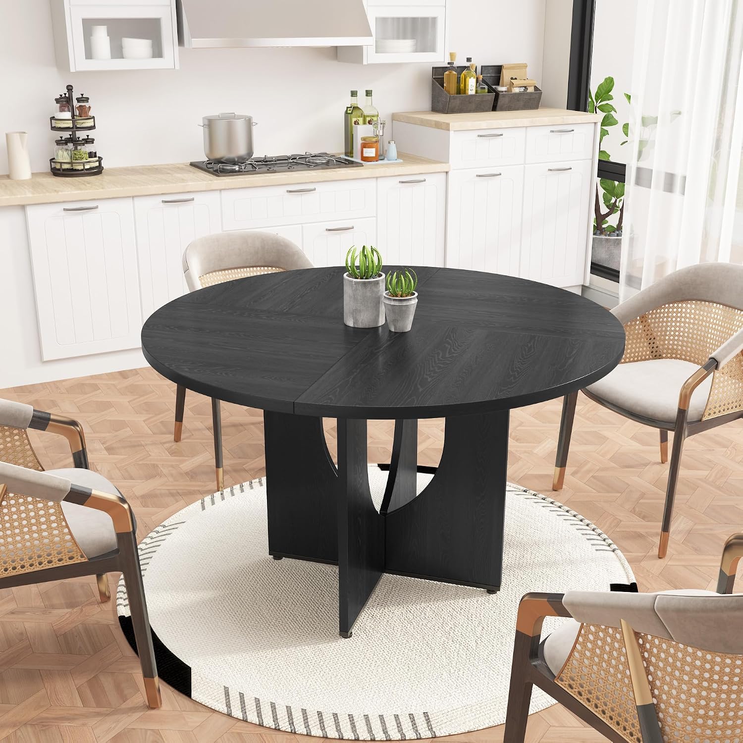 47 Inch Round Dining Table for 4-6, Modern Kitchen Table with Sturdy Wooden Pedestal Base, Dining Room Table, Circle Dining Table for Dining Room, Living Room, Cafe, Easy to Assemble - Black