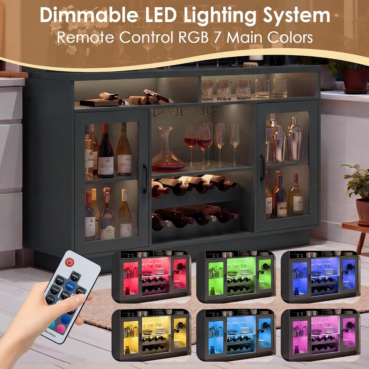 Large Coffee Bar Cabinet LED Wine Pantry Cabinet with Storage Hutch | 70.8" Freestanding Storage Cabinet with Charging Station, Adjustable Shelves, Wine Rack for Dining Room, Living Room, Black
