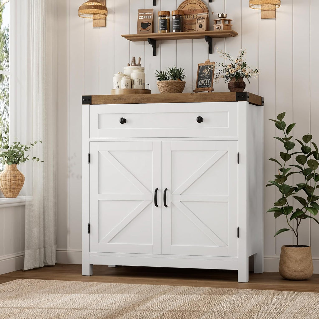 HOSTACK 31.5"W Kitchen Storage Cabinet, Farmhouse Coffee Bar Cabinet, White | Small Buffet Cabinet with Doors & Wide Drawer, Wood Sideboard Buffet, Entry Table w/ Adjustable Shelf for Dining Living Room