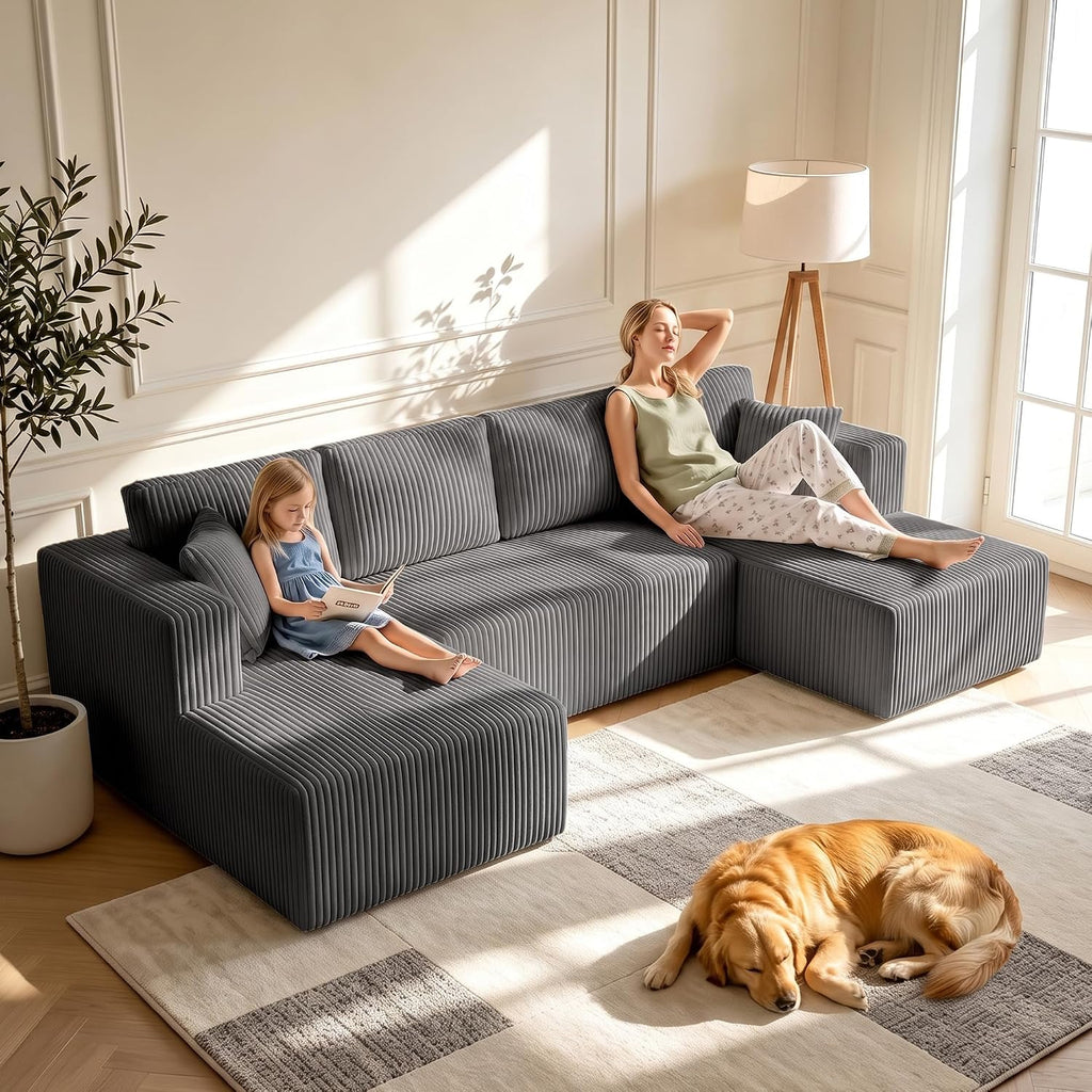 130" Couch U-Shaped Sectional Sofa, Grey | Corduroy Cloud Couch with Double Chaise, 30D Memory Foam, Compressed Sofa for Living Room, No Assembly Required