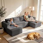 130" Couch U-Shaped Sectional Sofa, Grey | Corduroy Cloud Couch with Double Chaise, 30D Memory Foam, Compressed Sofa for Living Room, No Assembly Required
