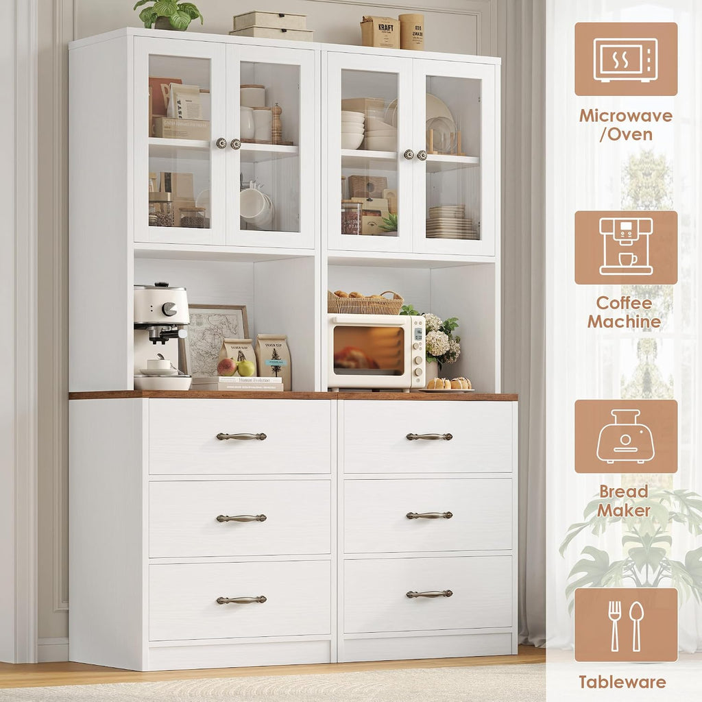 Keyluv 71“ Tall Kitchen Pantry Storage Cabinet with Microwave Stand, Buffet Kitchen Hutch with Shelves and Drawers, Wood Coffee Bar Pantry Cabinet with Glass Doors, for Dining Room/Small Space, White