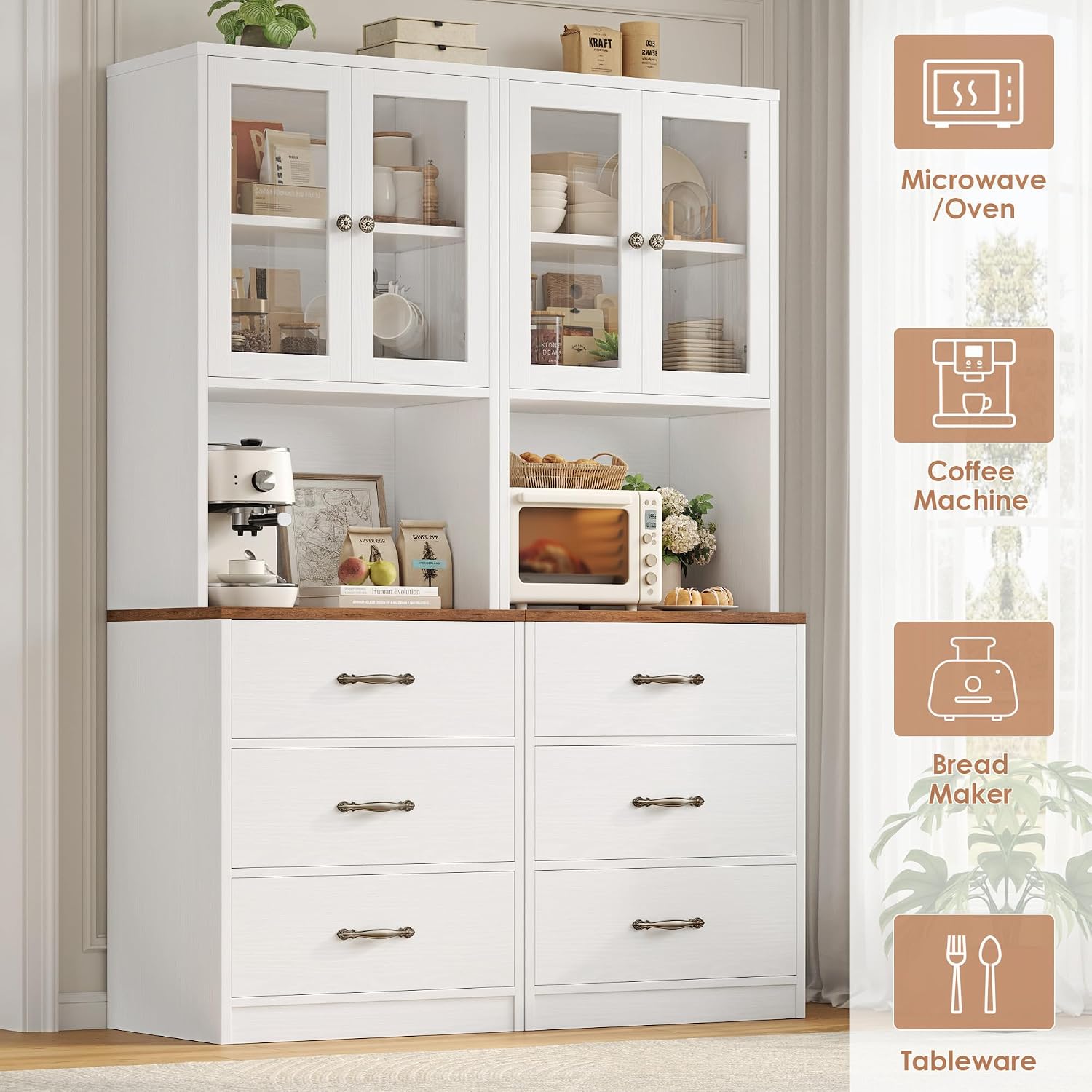 Keyluv 71“ Tall Kitchen Pantry Storage Cabinet with Microwave Stand, Buffet Kitchen Hutch with Shelves and Drawers, Wood Coffee Bar Pantry Cabinet with Glass Doors, for Dining Room/Small Space, White