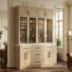WOODTIME 102" H Kitchen Pantry with LED Light, Glass Doors, Shelves & 5 Drawers, Large Cupboard with Adjustable Shelves & White Countertop, Modern Display Storage Cabinet for Dining Room, Natural