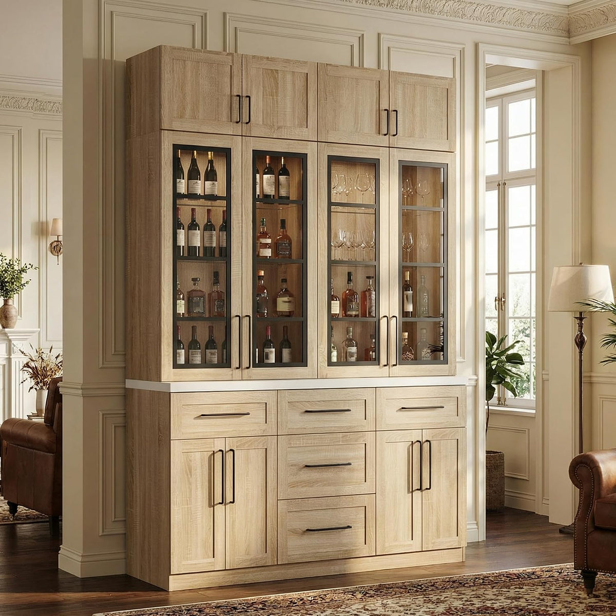 WOODTIME 102" H Kitchen Pantry with LED Light, Glass Doors, Shelves & 5 Drawers, Large Cupboard with Adjustable Shelves & White Countertop, Modern Display Storage Cabinet for Dining Room, Natural