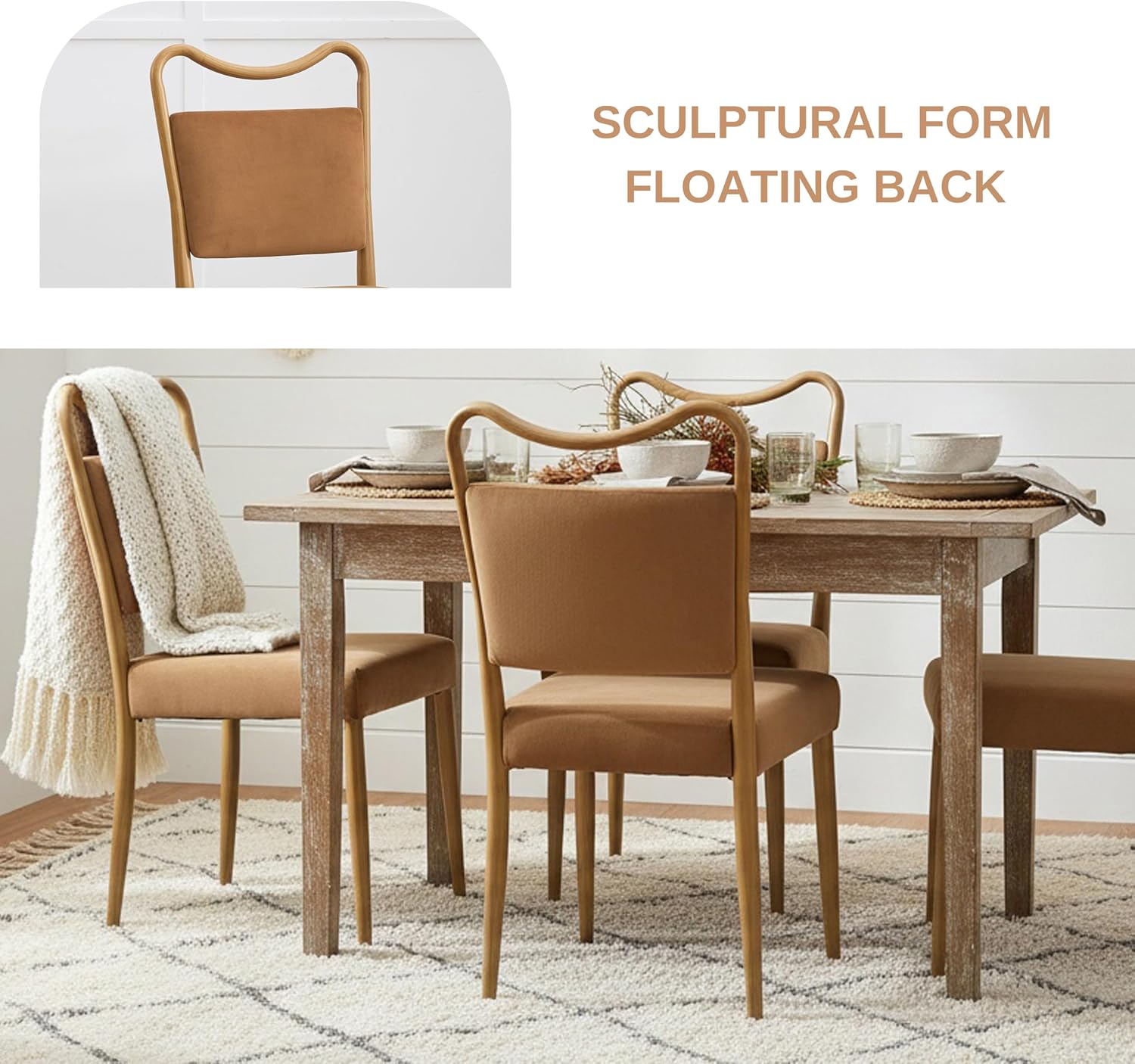 Velvet Dining Chairs Set of 2, Mid-Century Modern, Brown | Wood Grain Metal Frame, Soft Velvet Upholstery, Curved Backrest, 4.5-Inch Padded Seat, 350 LBS Weight Capacity