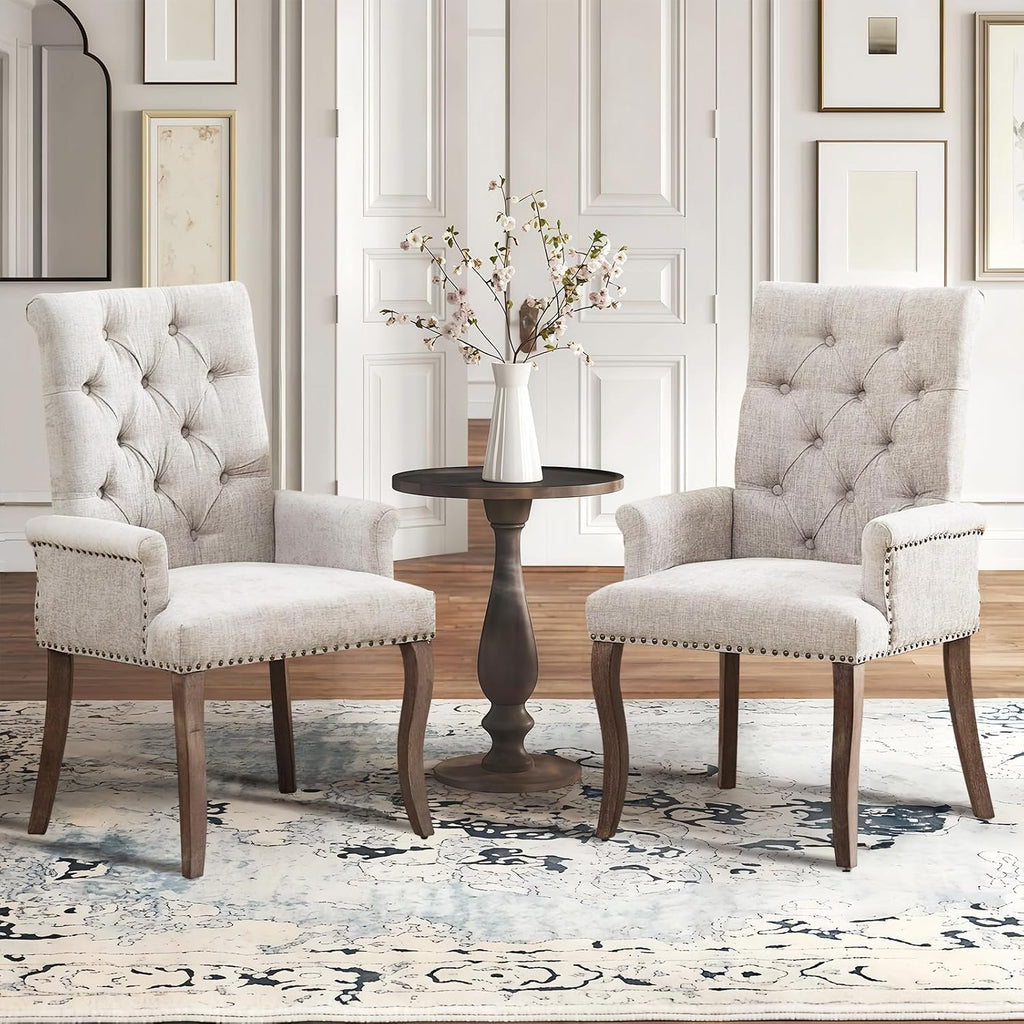 SoarFlash Chenille Dining Chairs Set of 2, Tall Back Side Chair，Modern Upholstered High-end Tufted Side Chair with Armrest, Solid Wood Leg, Beige