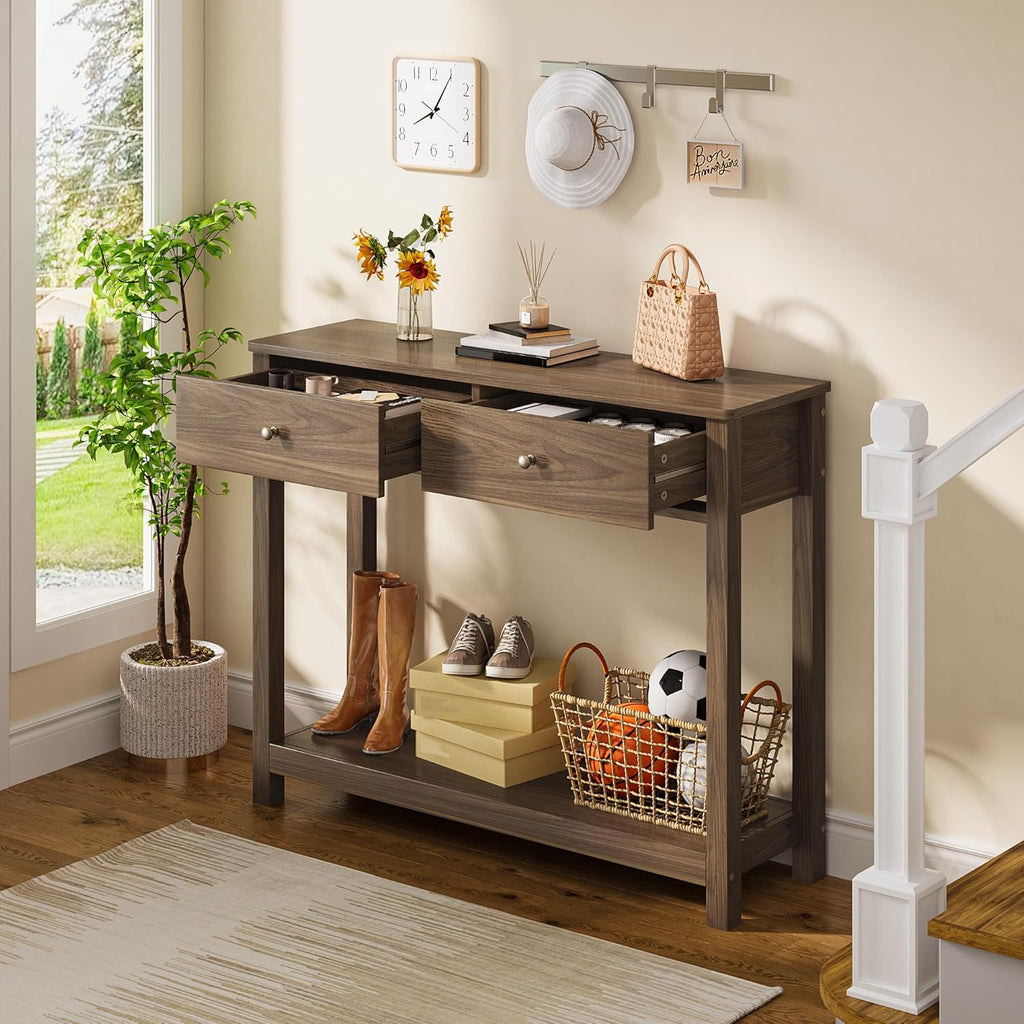 Gizoon Console Table with 2 Drawers, 2-Tier Wood Entryway Table with Storage Shelves, 39" W Wood Accent Sofa Table for Front Hall, Hallway, Living Room, Dark Brown