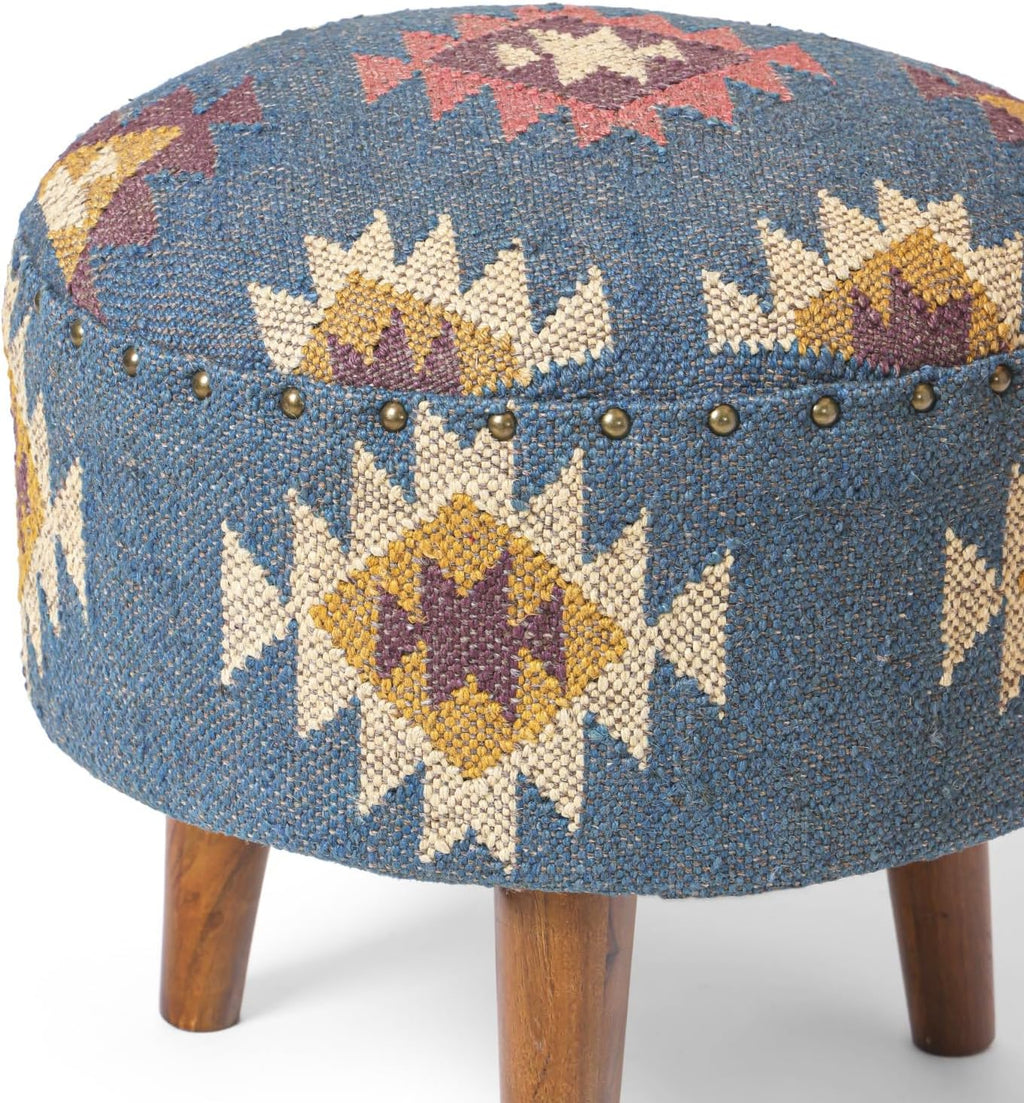 Handmade Kilim Jute Pouf Ottoman Stool | Round Upholstered Seating with Acacia Wood Base | Decorative Foot Rest for Living Room, Bedroom, Hallway, Office & Lounge (Grey)