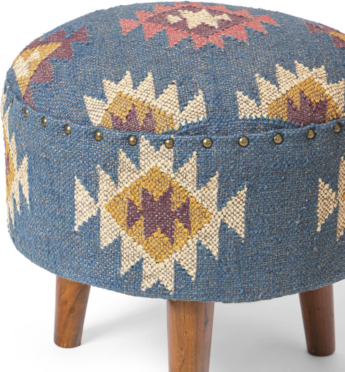 Handmade Kilim Jute Pouf Ottoman Stool | Round Upholstered Seating with Acacia Wood Base | Decorative Foot Rest for Living Room, Bedroom, Hallway, Office & Lounge (Grey)