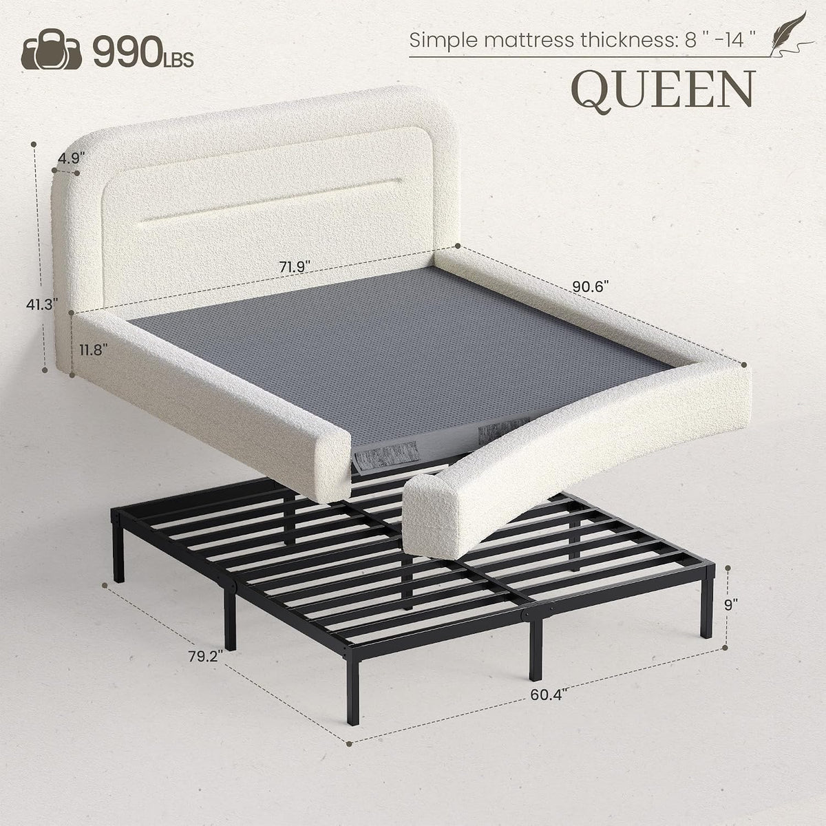 Homkdom Cloud Bed Frame Queen Size with 5.1" Headboard for Minimalist Room