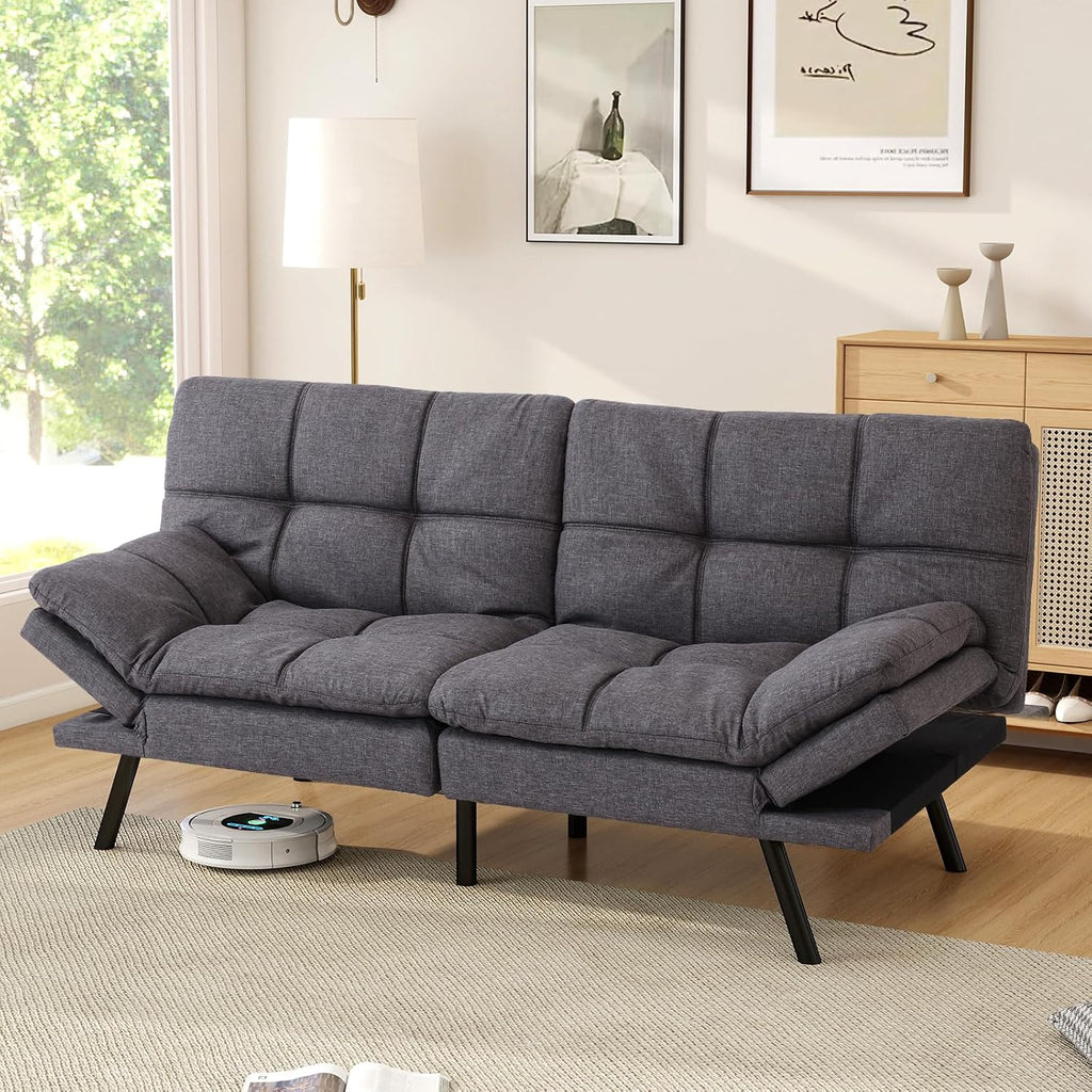 Opoiar Futon Sofa Bed Convertible Memory Foam Couch Bed, Modern Sleeper Sofa with Adjustable Armrests&Backrests, Christmas Futon Sets for Compact Living Spaces Office Dorm Bonus Room,Grey