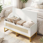 Giantex Rattan Shoe Bench, Flip-Top Entryway Bench with Removable Padded Seat & Hidden Storage, Wooden Shoe Storage Chest with Metal Legs for Bedroom, Hallway, 440 lbs Max Load (White & Gold)