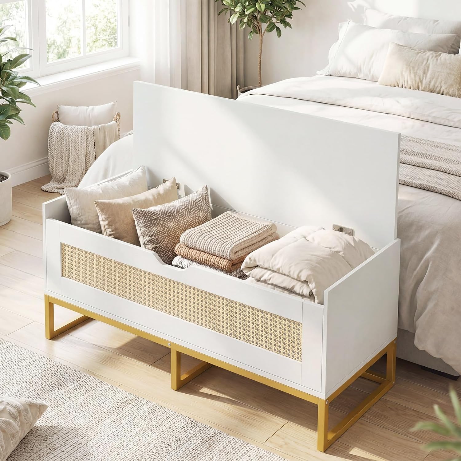 Giantex Rattan Shoe Bench, Flip-Top Entryway Bench with Removable Padded Seat & Hidden Storage, Wooden Shoe Storage Chest with Metal Legs for Bedroom, Hallway, 440 lbs Max Load (White & Gold)