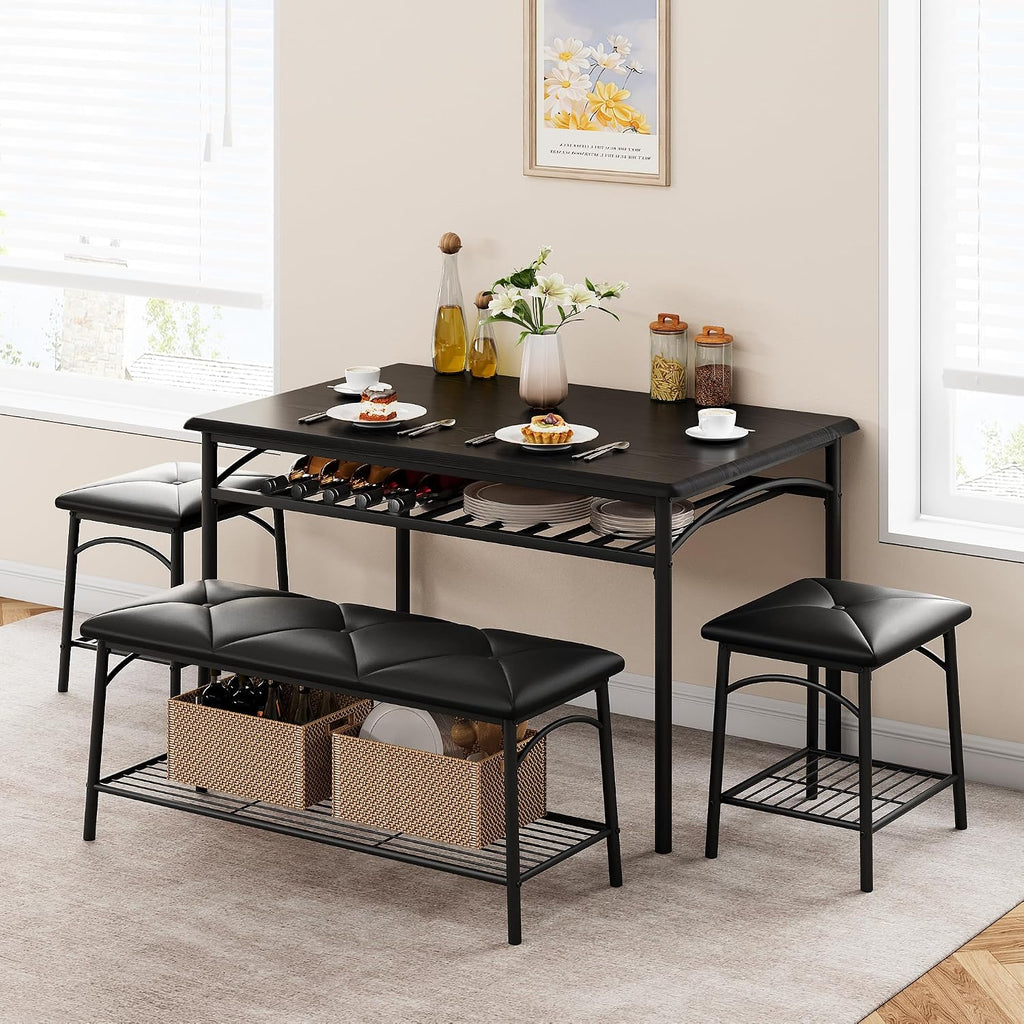 GAOMON Dining Table with Benches, Kitchen Table Set for 4, Dining Room Table Set with Upholstered Bench and Square Stools, Metal and Wood Dining Table Set for 4 with Storage for Small Space-Black