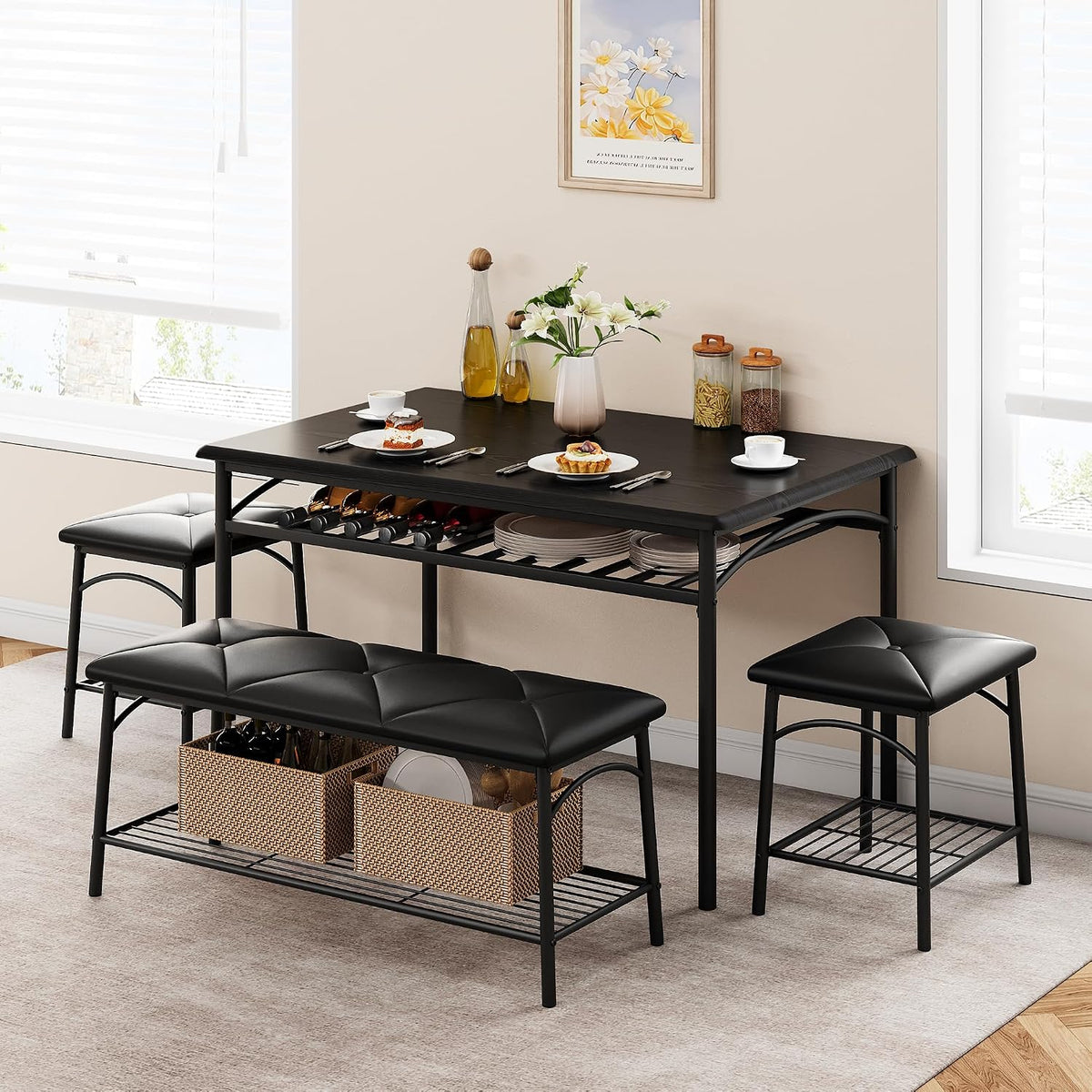 GAOMON Dining Table with Benches, Kitchen Table Set for 4, Dining Room Table Set with Upholstered Bench and Square Stools, Metal and Wood Dining Table Set for 4 with Storage for Small Space-Black
