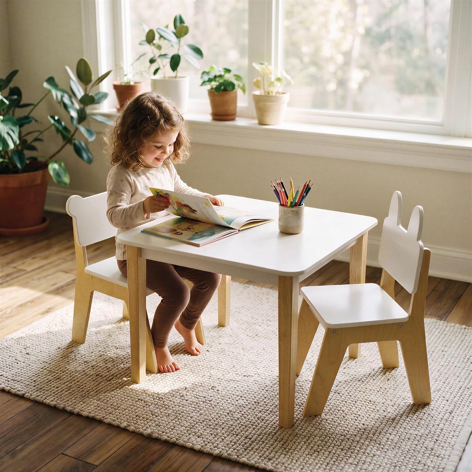 Mentari Toys - Kid’s Table and Chair Set - Wooden Easy Clean Table and 2 Animal Themed Chairs - Children’s Playroom, Classroom Furniture - Sturdy Set for Play and Learning - Age 3+