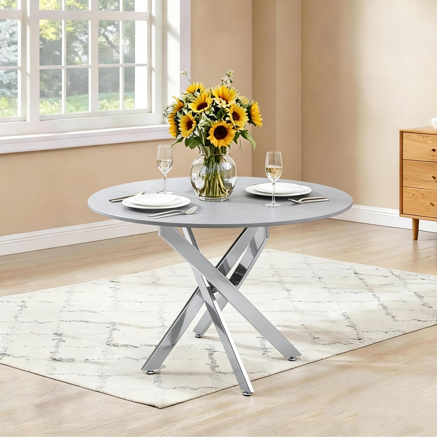 Knocbel 35.43" Dining Table for 4, Round Coffee Table with Granite Top and Metal Cross Legs, Modern Circle Dinner Kitchen Table for Apartment Home Office, Silver+Granite