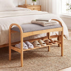 Giantex Shoe Rack Bench, Bamboo 2-Tier Entryway Bench with Padded Cushion, Shoe Storage Bench for Hallway, Closet, Foyer, Living Room, Bedroom, Mudroom