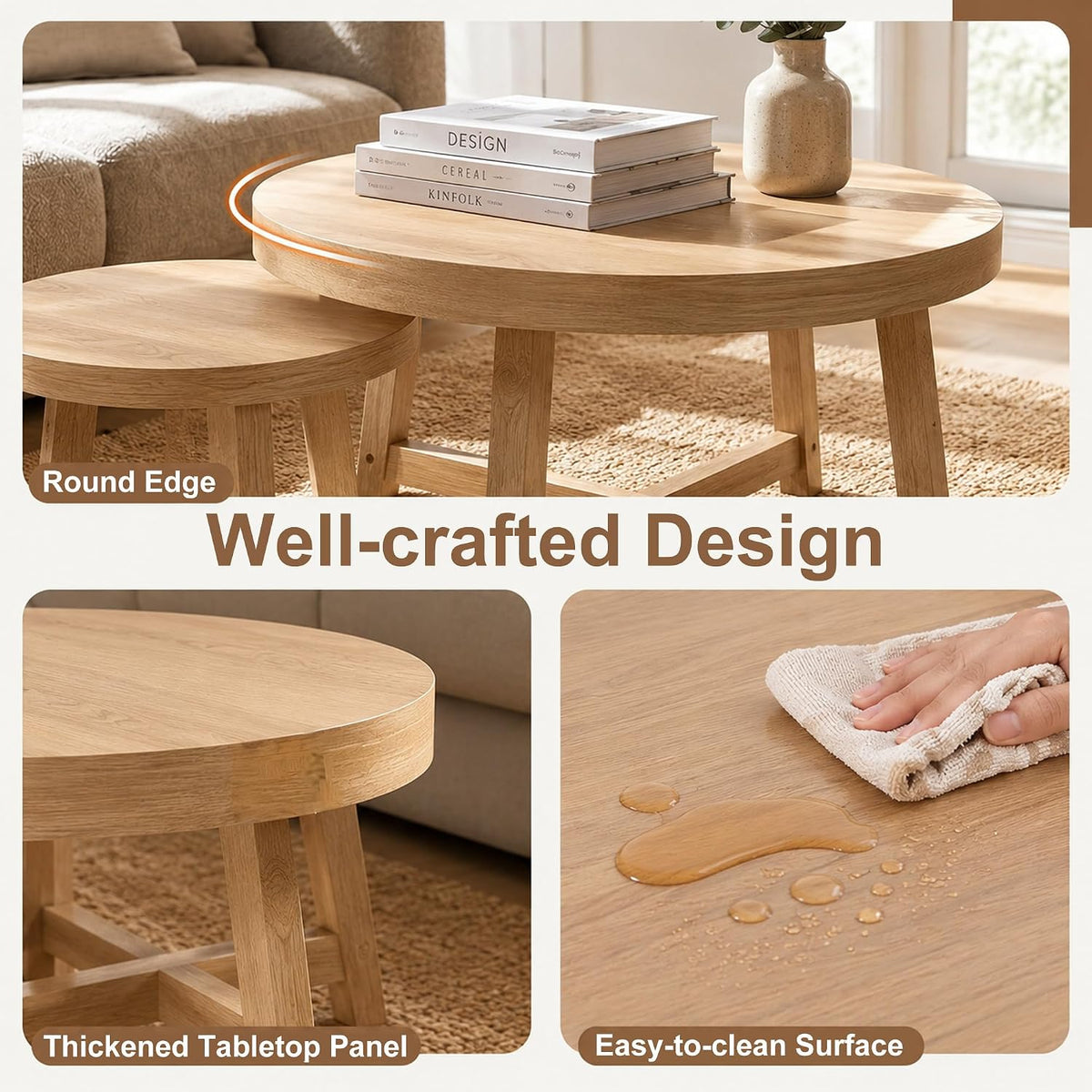 Round Nesting Coffee Tables, Set of 2, Natural Wood Finish Modern Side Tables with X-Shaped Frame, Stackable End Tables for Living Room, Bedroom