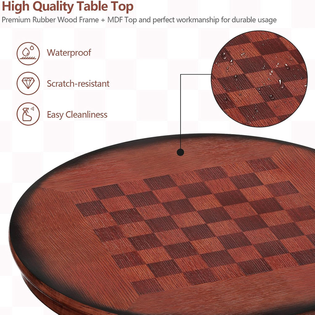 3 Piece Bar Table and Chairs Set, Round Counter Height Dining Table with Chessboard, 2 Upholstered Swivel Bar Stools, Rubber Wood Frame, Farmhouse Pub Table Set for Kitchen, Bistro