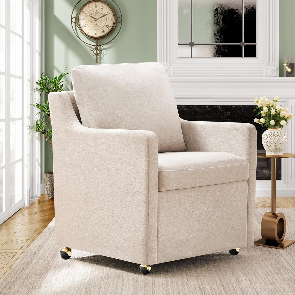 Modern Dining Chair, Linen Upholstered Dining Chairs with Back Pillow and 4 Casters, Accent Armchair for Reading Room Living Room Bedroom (Beige-1 Seat)