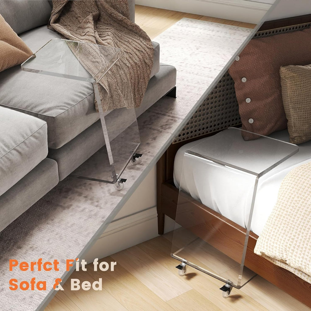 C Shaped Side Table for Sofa, Heavy Clear Acrylic Mobile End Table on Wheels, Modern Rolling Snack & Drink Use for Living Room & Bedroom, Space-Efficient Design with Sturdy Construction, 15mm Thick