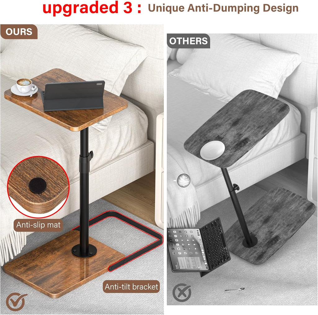 C Table End Table Adjustable Height, 360°Swivel TV Tray Table, Upgraded Metal and Wooden Base to Prevent Slipping, Couch Armrest Table Snack Tables for Laptop Sofa Bed Dinner or Small Space(Brown）