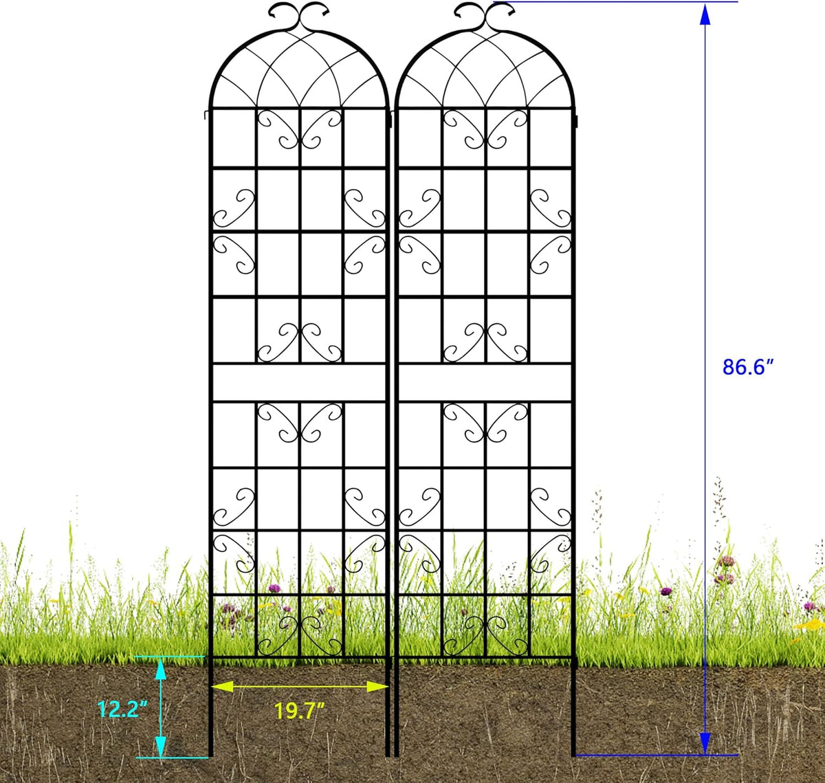 LZRS 4 Pack 87x20in Rustic Iron Arch Decoration Garden Trellis with Black Metal Coating – Perfect for Supporting Climbing Plants Outdoor, Roses, Vines, Flowers, and Vegetables.
