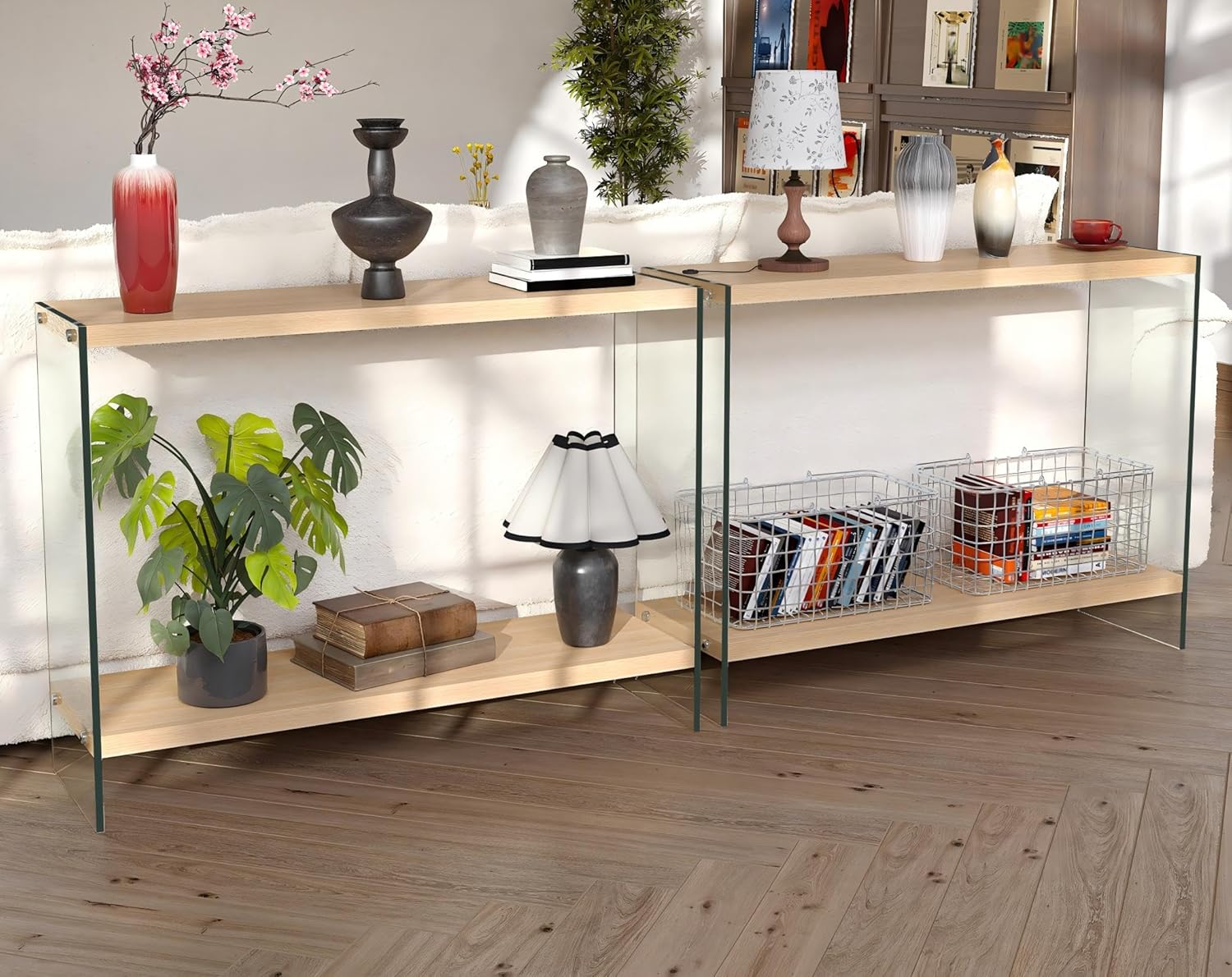 Console Table 2-Tier: 39.4 in Wide Rectangle Wood Shelf Glass Sides | Modern Desk Console Sofa Table Stand for Entryway