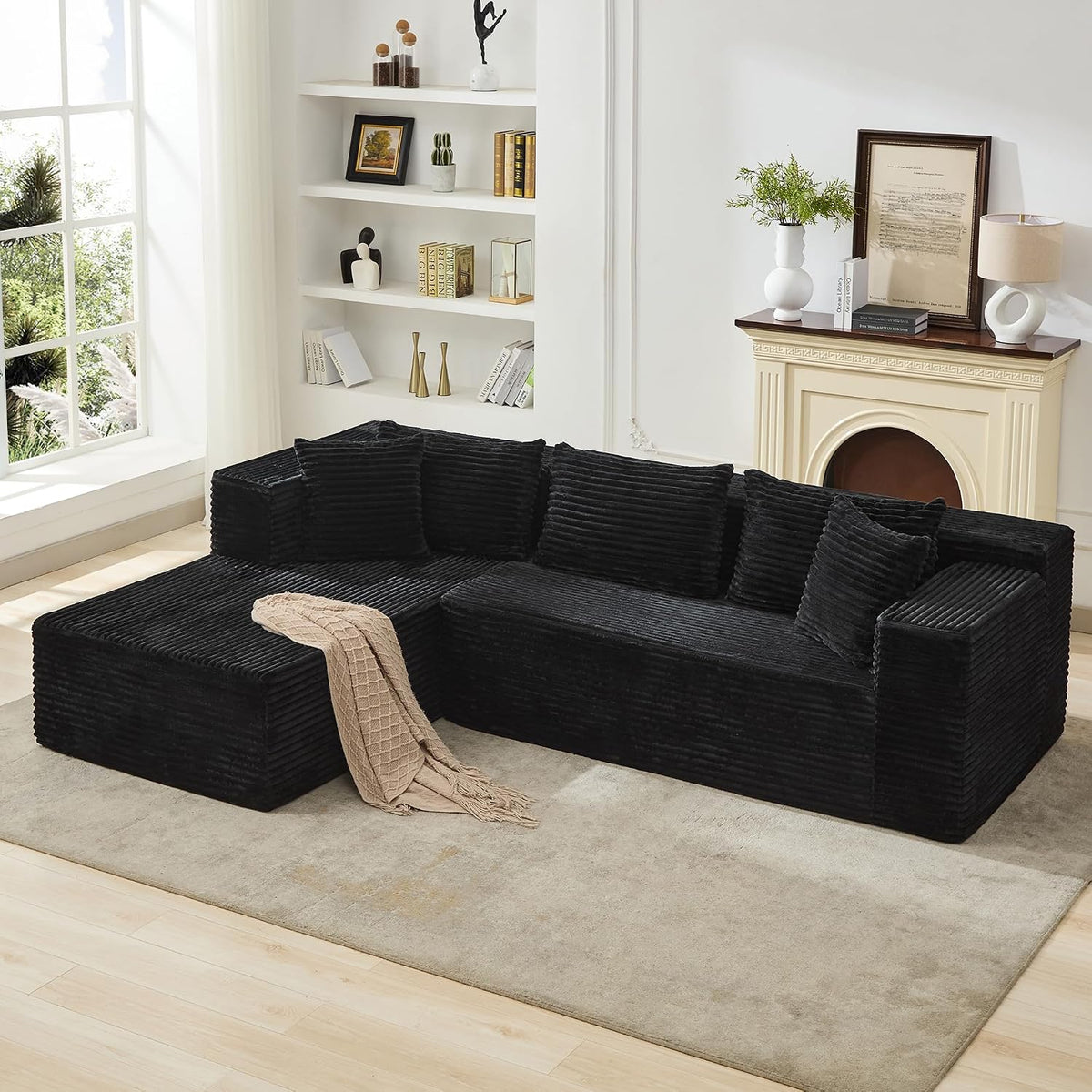 106" L Shaped Modular Cloud Sectional Sofa with Cushions, Black | 4-in-1 DIY Combination, Ultra-Wide Corduroy Fabric, No Assembly Required, Right Hand Facing Couch for Living Room