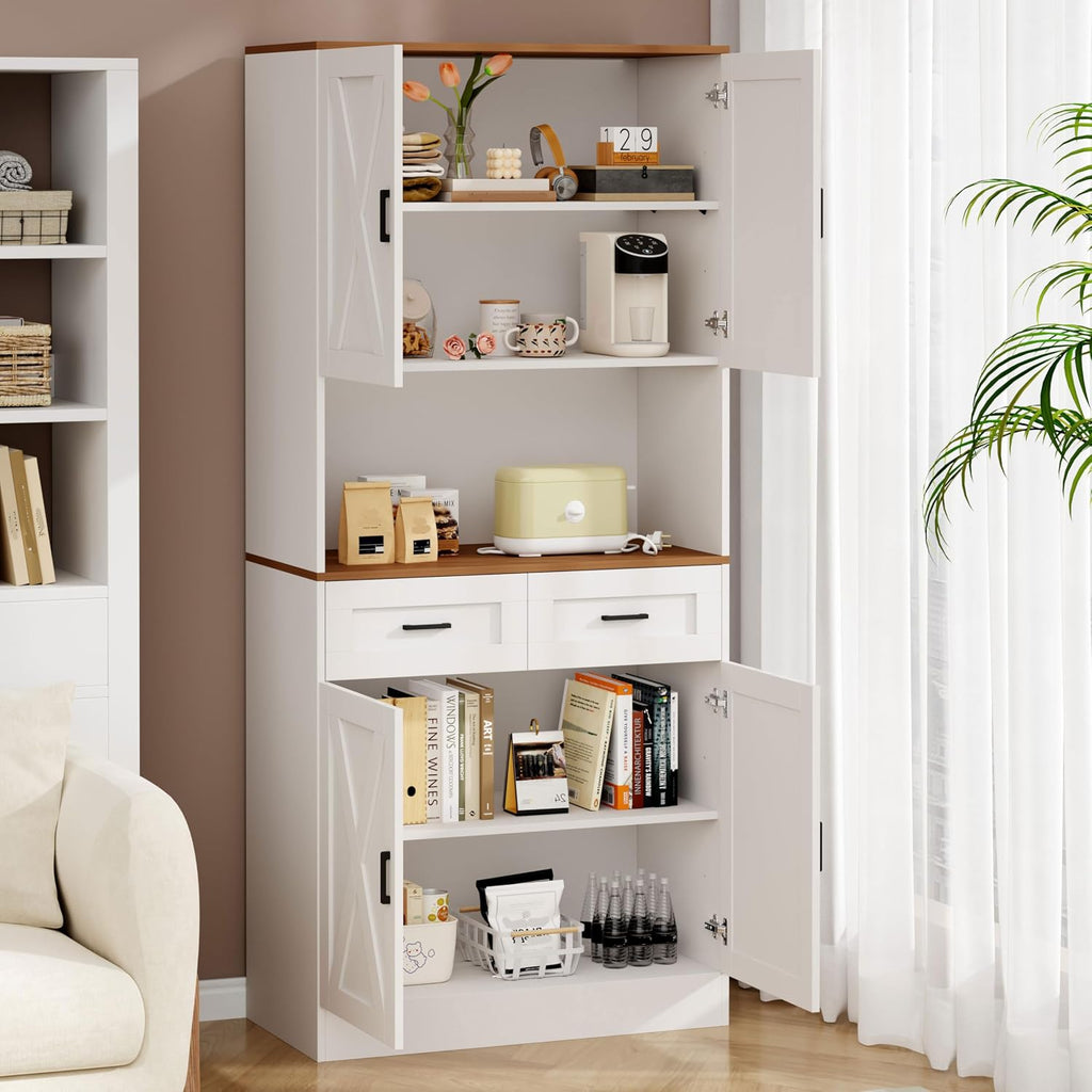 71“ Kitchen Pantry Storage Cabinet, Kitchen Hutch with Microwave Stand and Adjustable Shelves Freestanding Cupboard for Dining Living Room, White