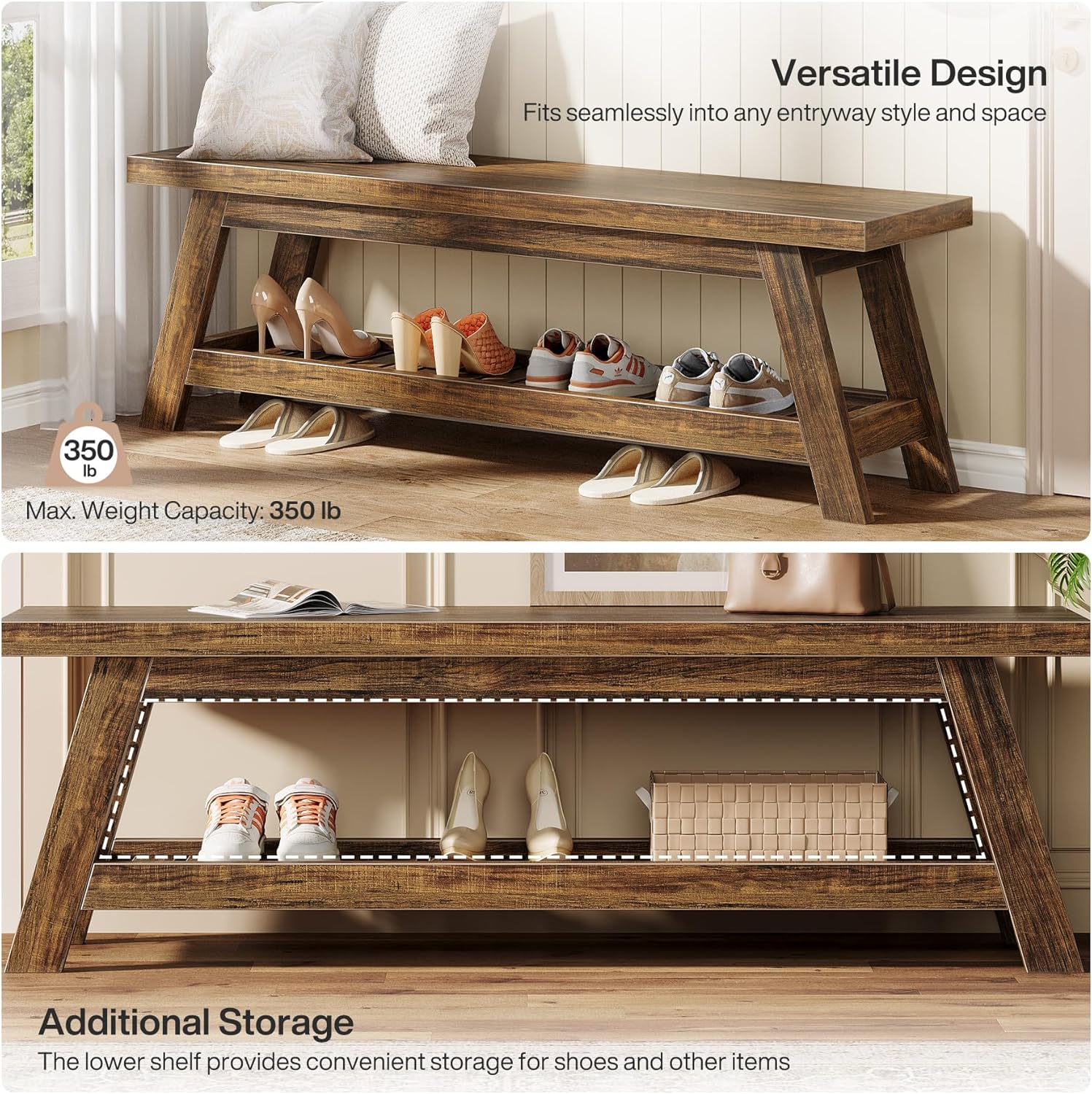 Tribesigns 55" Large Wood Entryway Bench with Shoe Storage, 2-Tier Rustic Brown Narrow Hallway Foyer Seating Bench with Open Shelves for Entryway, Bedroom, Mudroom