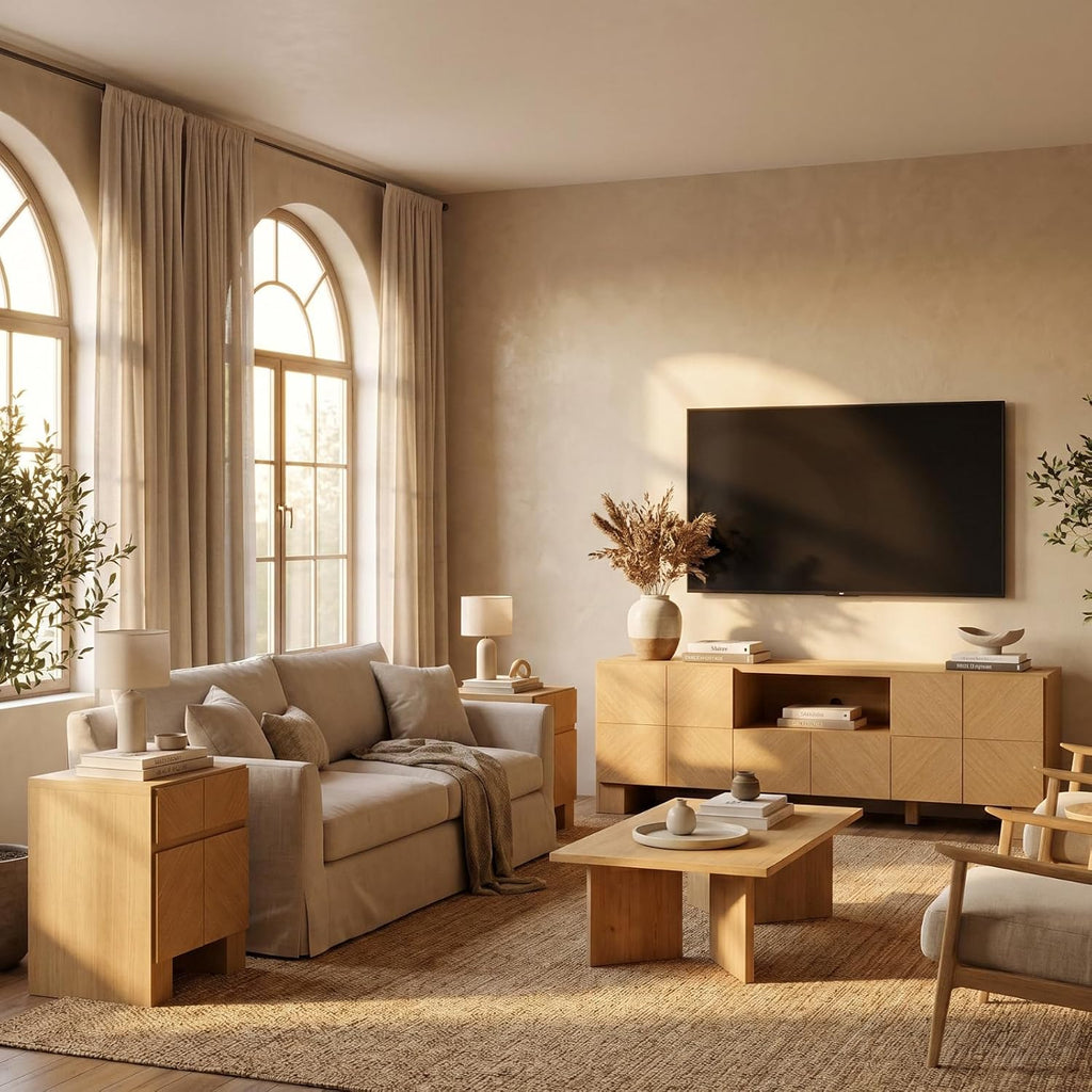 ModernMate Living Room Table Sets of 3, 70" Modern TV Stand & 2 Nightstands with Drawer, Wood Living Room Set with Charging Station & USB Ports, Chevron Pattern Design, Thick Legs, Natural Oak