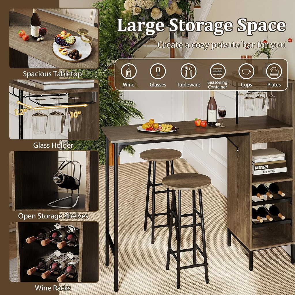GOFLAME Bar Table Set for 2, Counter Height Dining Table Set with Shelves, Cup Holder & Wine Rack, Breakfast Table & Stools Set, 3-Piece Pub Table Set for Kitchen, Dining Room, Grey Oak