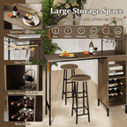 GOFLAME Bar Table Set for 2, Counter Height Dining Table Set with Shelves, Cup Holder & Wine Rack, Breakfast Table & Stools Set, 3-Piece Pub Table Set for Kitchen, Dining Room, Grey Oak