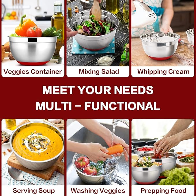 P&P CHEF Mixing Bowls with Lids Set of 5, Stainless Steel Nesting Salad Bowl with Lid & Base for Non-slip Mixing Prepping Storing Serving, 5 Sizes-7/3.5/2.5/1.5/1 QT, Red