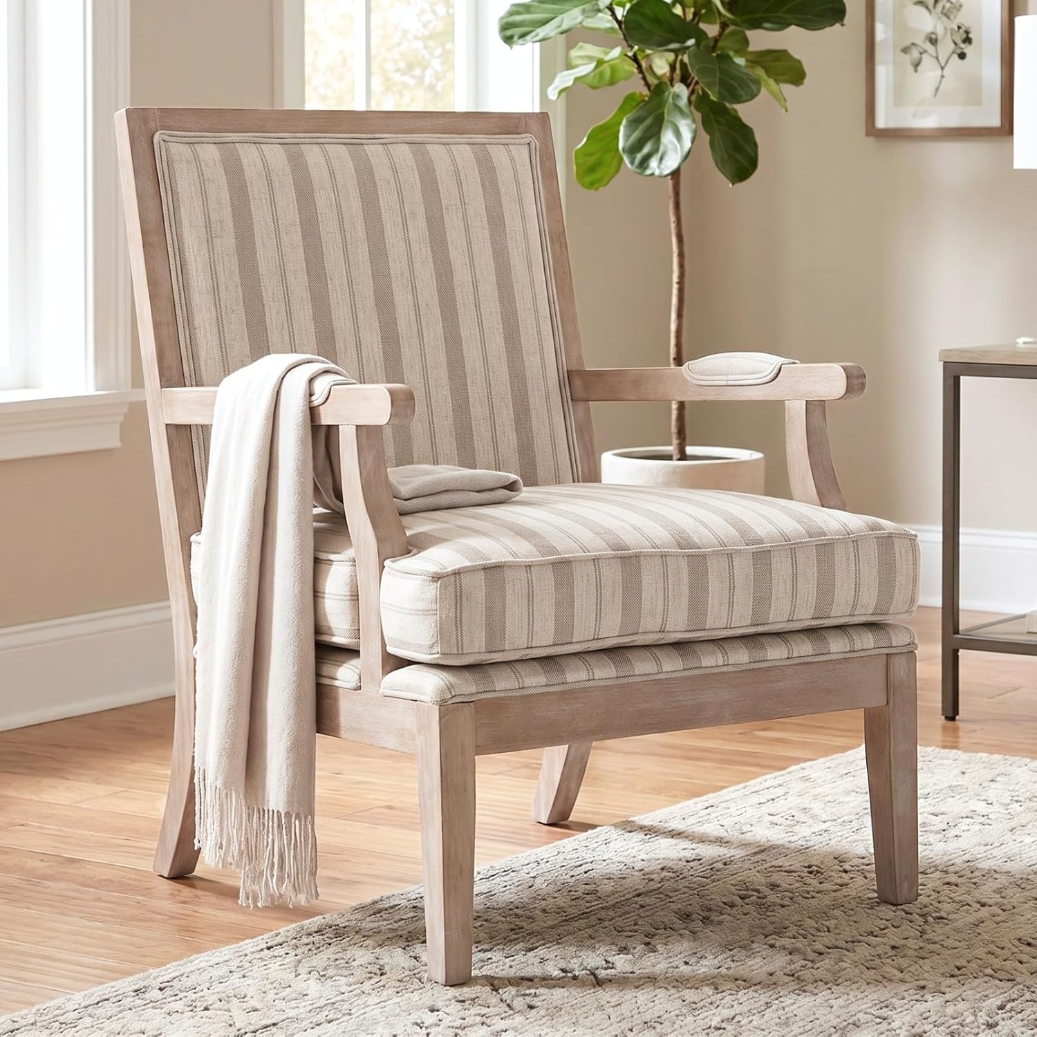 Modern Farmhouse Striped Accent Chair, Wide Upholstered Armchair with Armrest Pads, Coastal French Country Solid Wood Reading Chair for Living Room Bedroom Guest Room, Linen Fabric