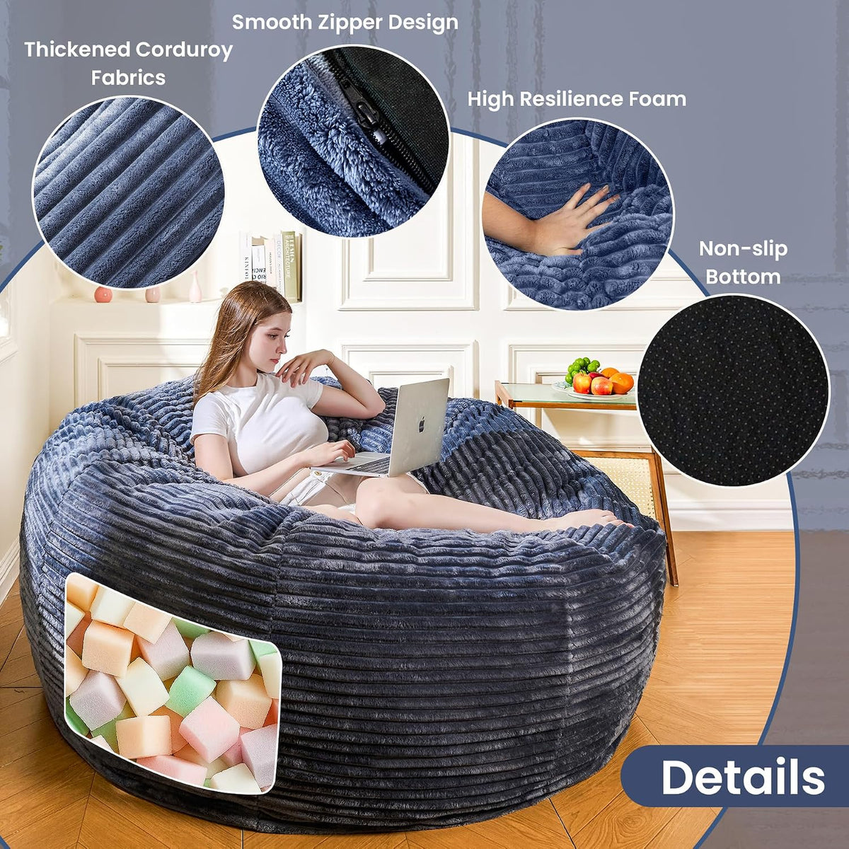 6FT Bean Bag Chair for Adults, Giant Beanbag with Shredded Memory Foam Filling, Premium Corduroy Cover Oversized Floor Lounger, Comfy Sofa Chair for Bedroom, Living Room & Dorm (Grey)
