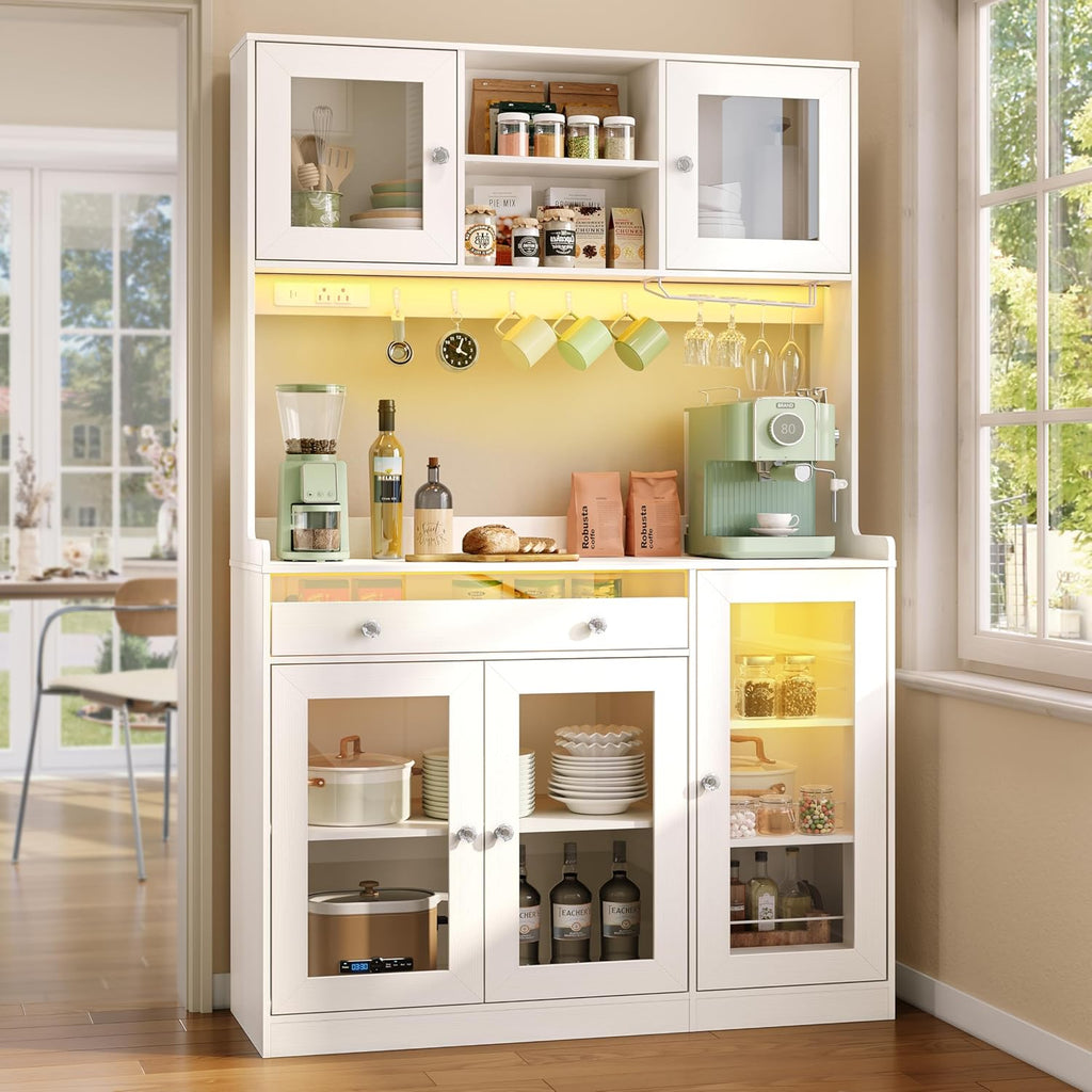 Korfile 71" Pantry Cabinet, Tall Kitchen Pantry Cabinet with Charging Station & LED Light, Kitchen Hutch with Wine Rack, Pantry Storage Cabinets with Microwave Stand for Dining Room, White
