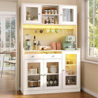 Korfile 71" Pantry Cabinet, Tall Kitchen Pantry Cabinet with Charging Station & LED Light, Kitchen Hutch with Wine Rack, Pantry Storage Cabinets with Microwave Stand for Dining Room, White