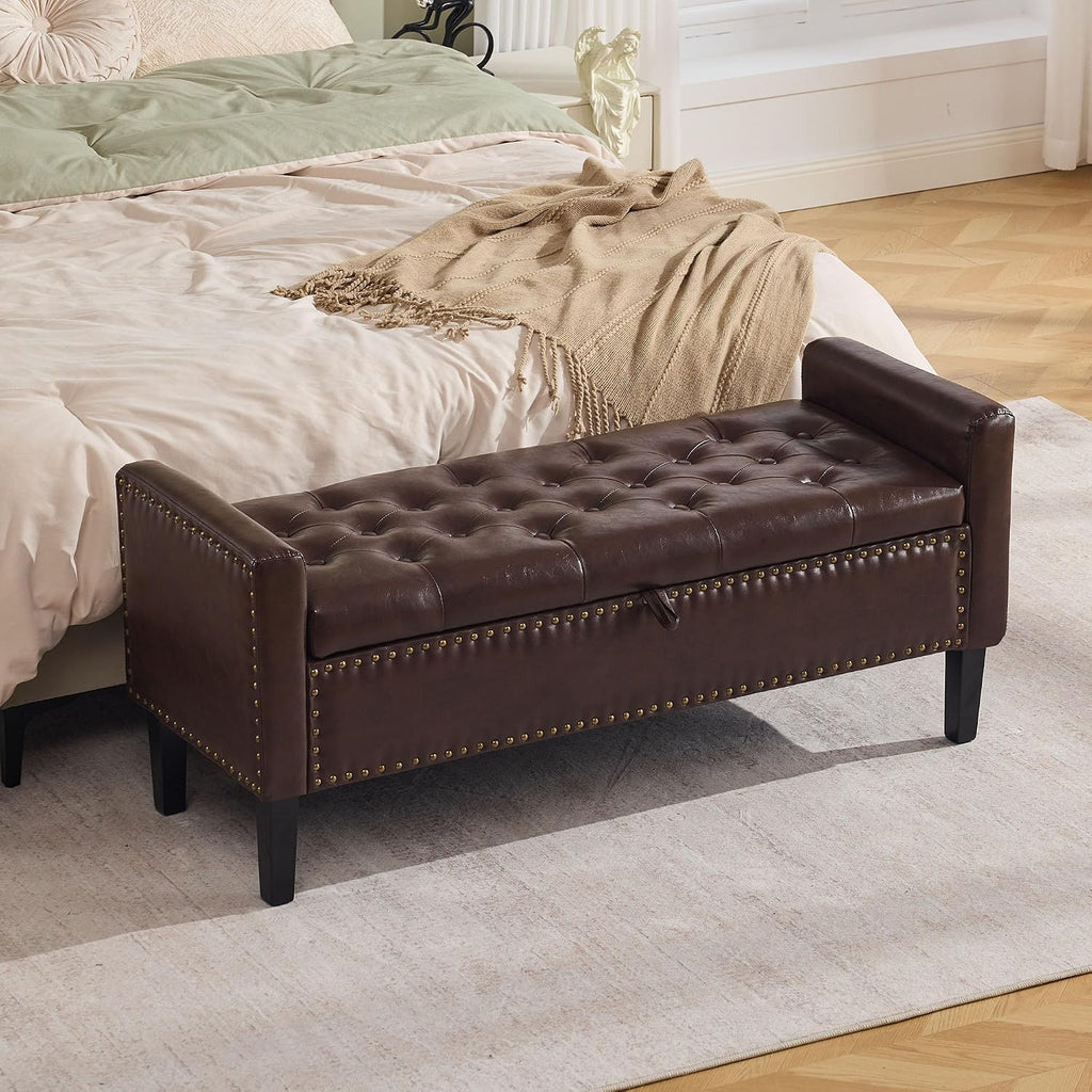 WUTUTUEE 47" Modern Water-Resistant Faux Leather Storage Ottoman Bench with Wooden Legs, Upholstered End of Bed Bench for Bedroom, Living Room or Entryway, Dark Brown