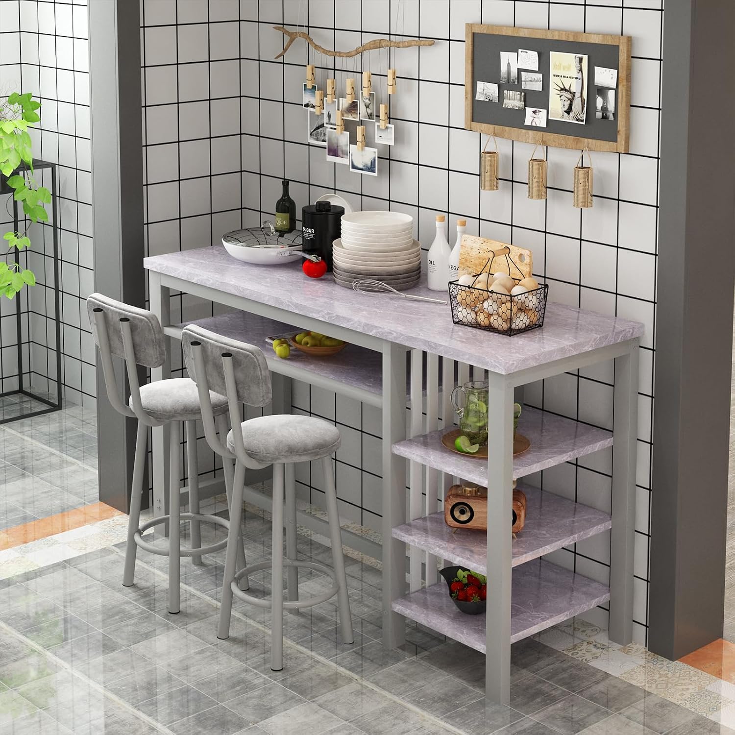 Lamerge Furniture Kitchen Bar Height Table and Chairs for 2, 5-Tier Compact Dining Room Table, Gray Top and 2 PU Leather Upholstered Seat Black Frame, Modern Dining Set for Home & Office