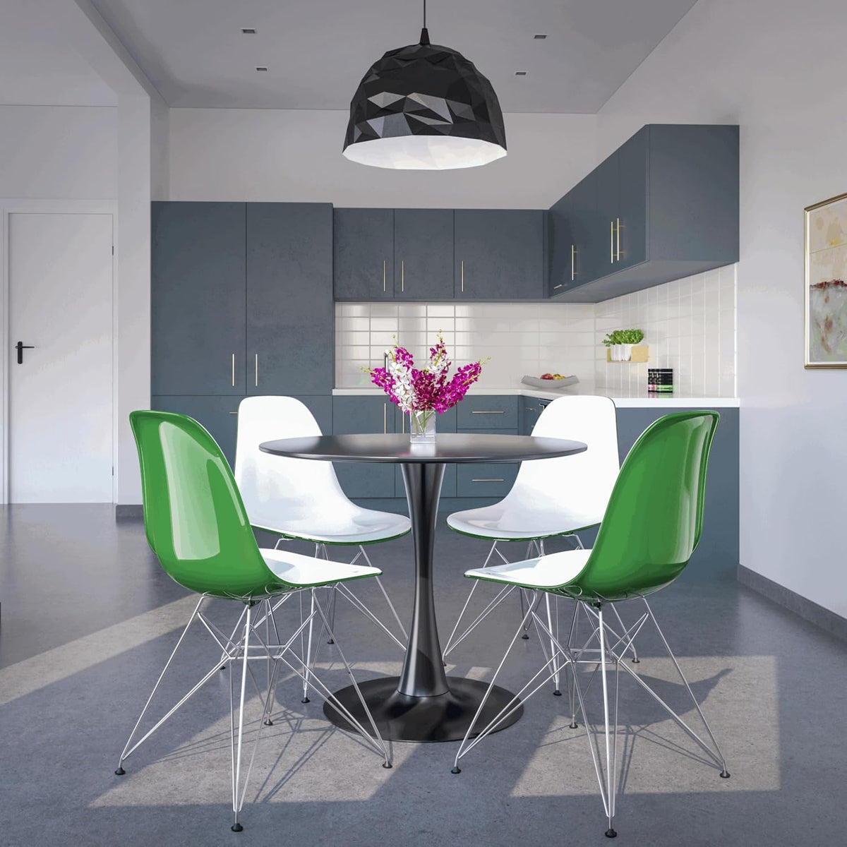 LeisureMod Cresco Acrylic Dining, Modern Chrome Eiffel Base and Curved Back Design, Ergonomic and Lightweight Accent Side Chair for Mid-Century Home, Kitchen, and Café (White Green, Singles)