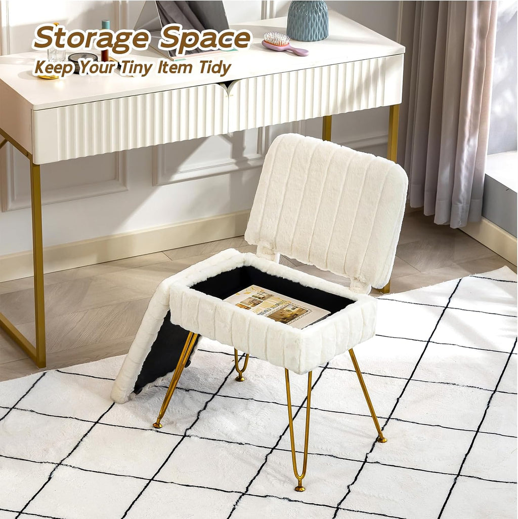 Vanity Chair with Storage | Comfy Ottoman with Folding Back | Faux Fur Vanity Stool with 4 Metal Legs for Make Up | Furry Padded Seat with Anti-Slip Feet for Bedroom Dressing Room | White