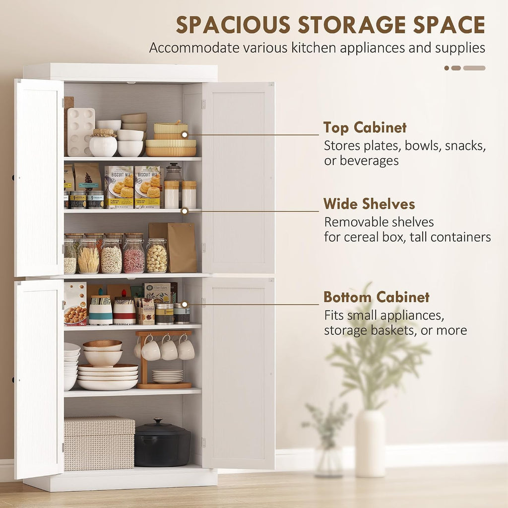 HOMCOM 72.5" Tall Kitchen Pantry Cabinet, Freestanding Modern Farmhouse Kitchen Storage Cabinet with 4 Doors and 2 Adjustable Shelves for Dining Room, White Wood Grain