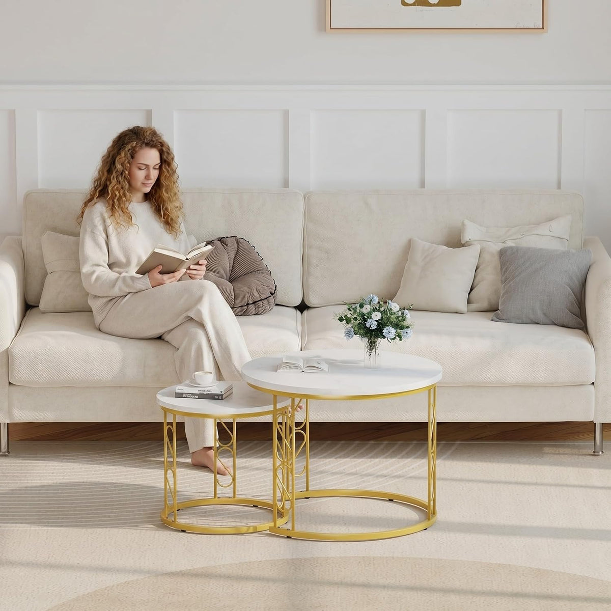 Garden 4 you Coffee Table Faux Marble Nesting Table for Small Place 2 Sets Modern Furniture Living Room Sets End Side Table Night Stand for Bed Room Dining Room (White & Gold)