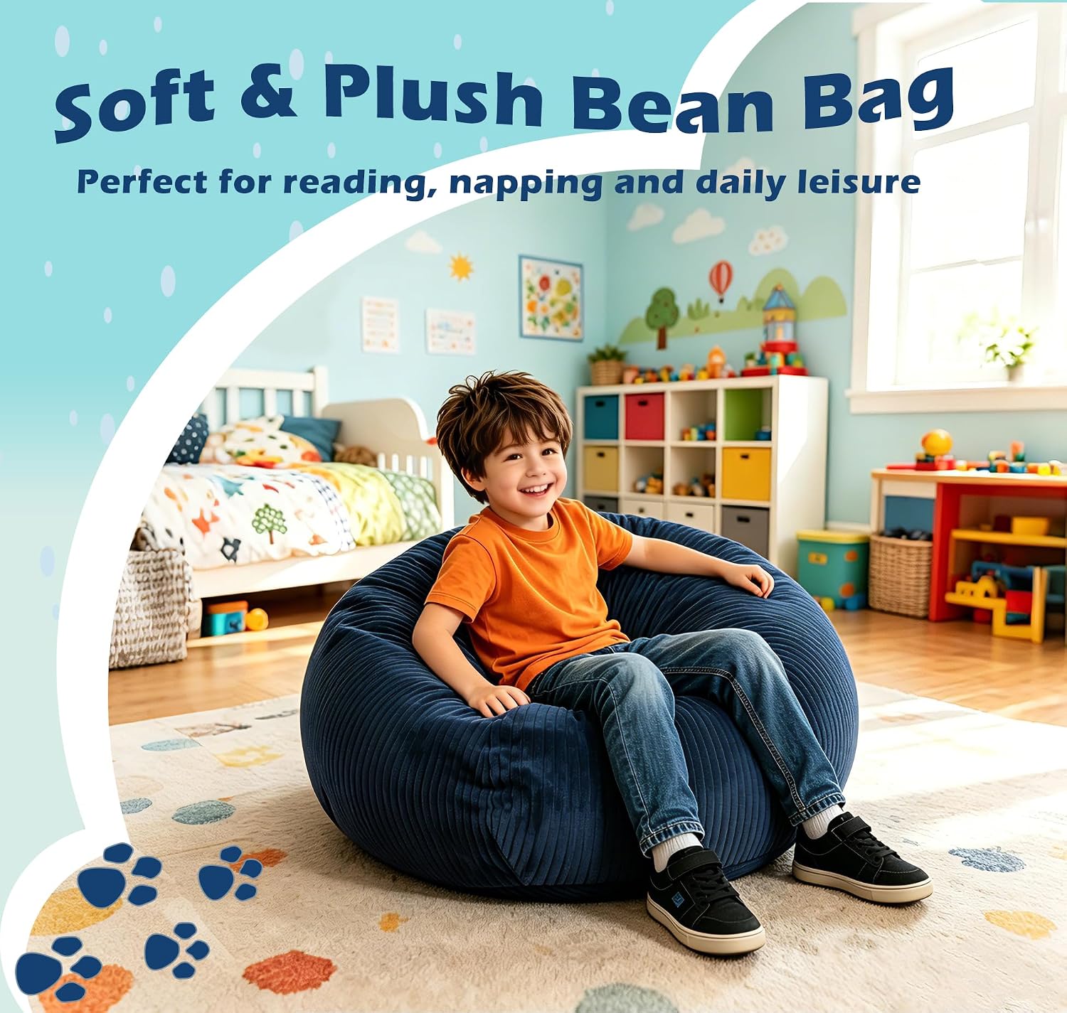 LPMOERA Soft Corduroy Kids Bean Bag Chair with Memory Foam Filling Green | Hidden Zipper,Versatile Home Decor,Floor Sofa,Suitable For Rest & Lounge,Pull-Handle